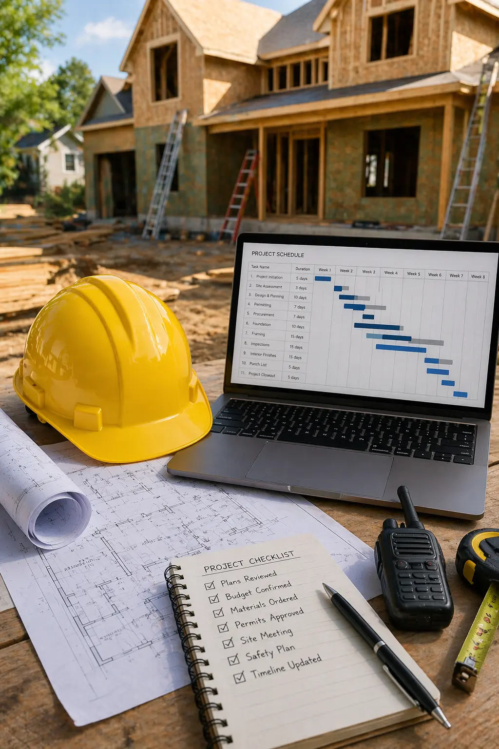 a construction hat, a laptop and notebook on a desk with a partially constructed house in the background