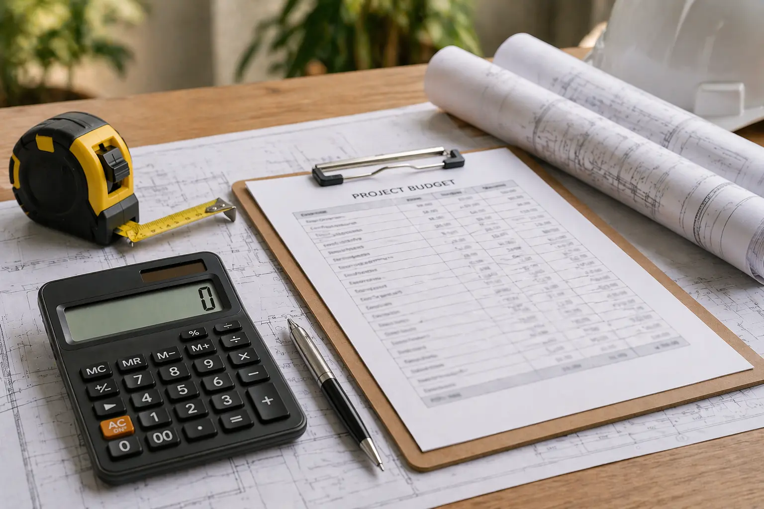 calculator and budget sheet on a desk