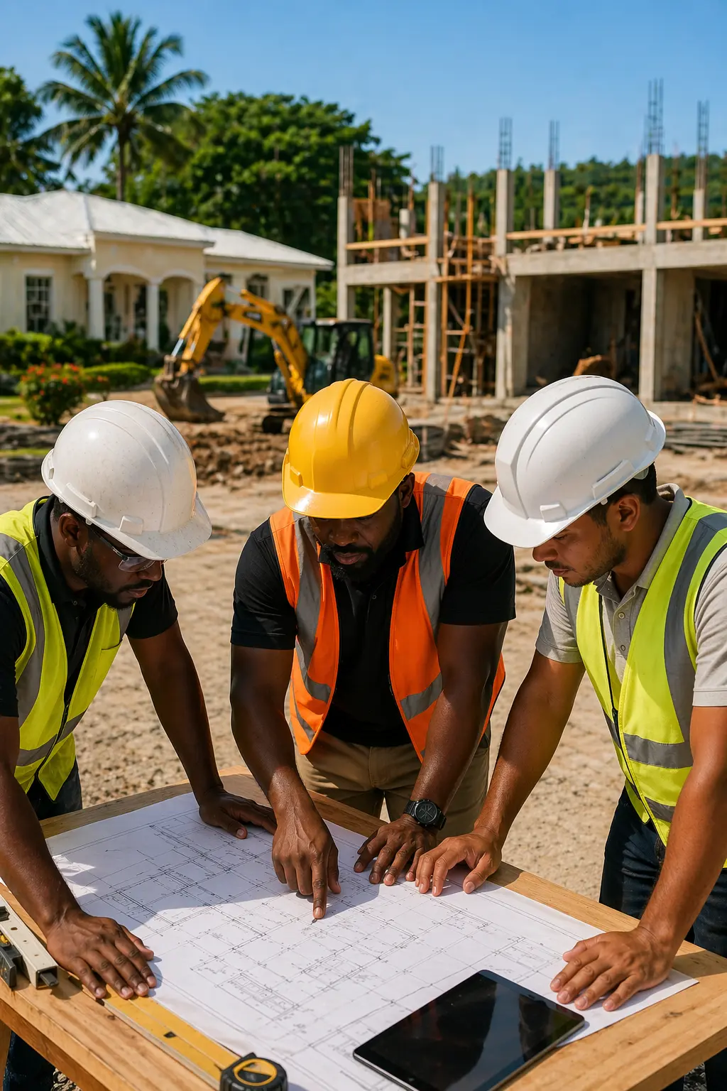 Group of construction workers and project manager reviewing a site plan