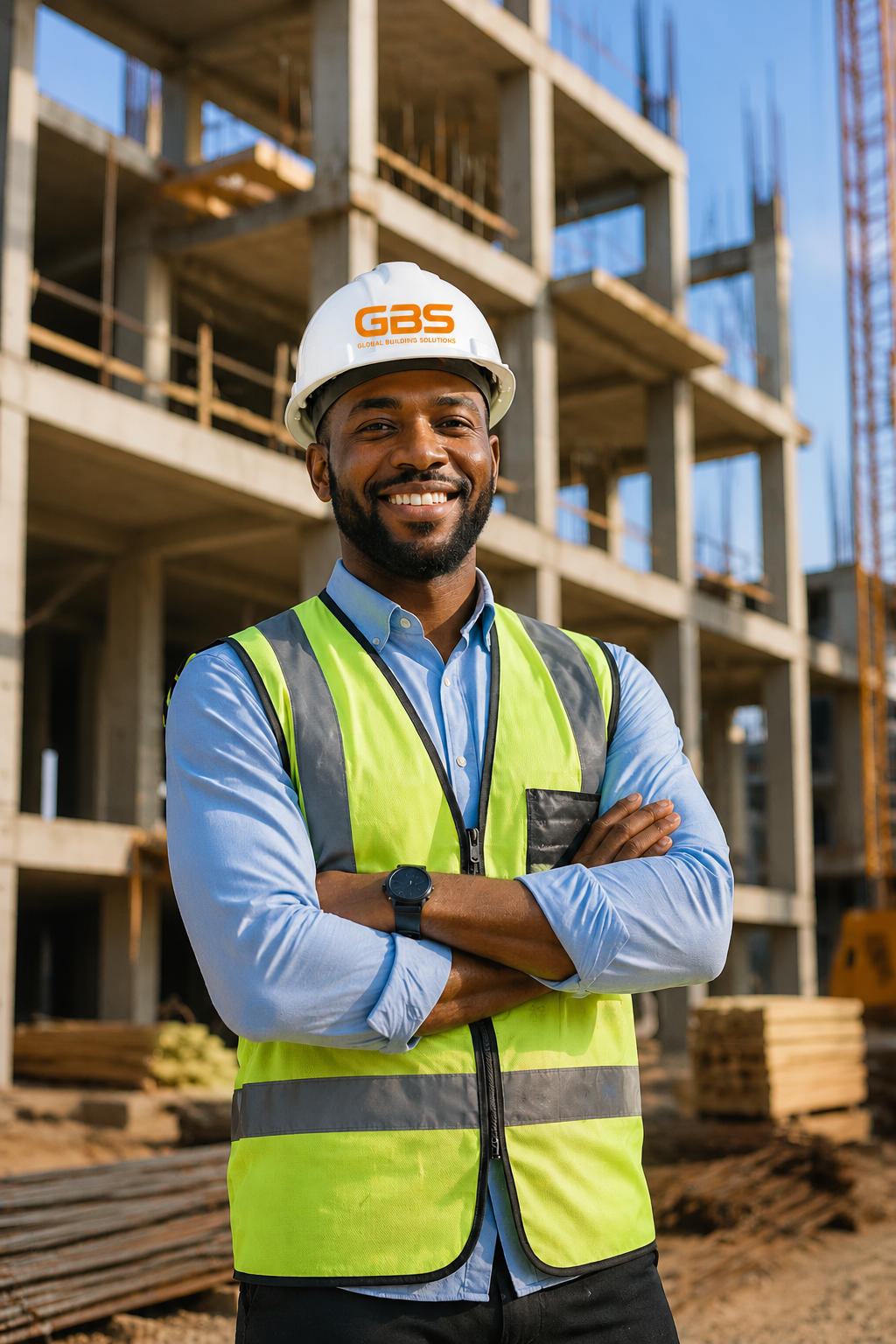 a male construction worker smiling widely with arms crossed in front of him.