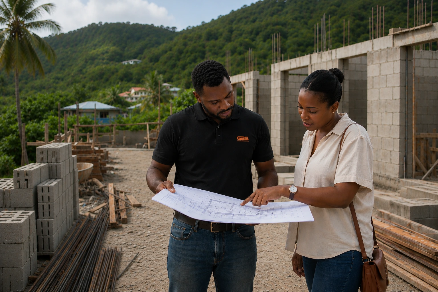 project manager reviewing site plans with homeowner