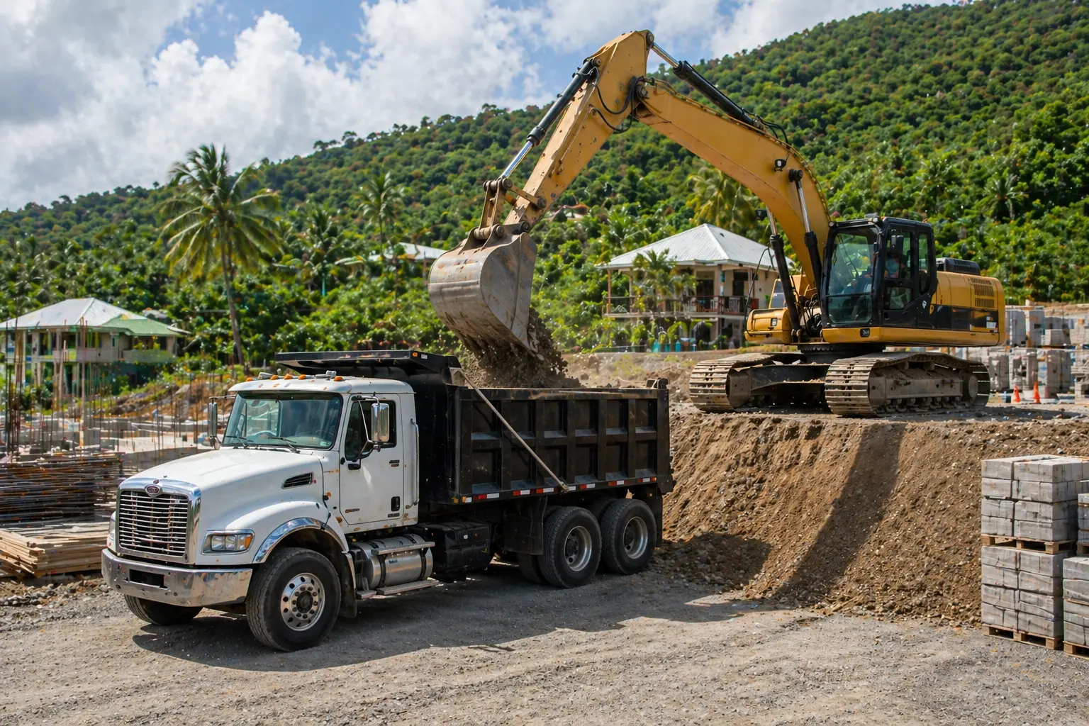 excavator dumping soil into the back of a truck at a construction site