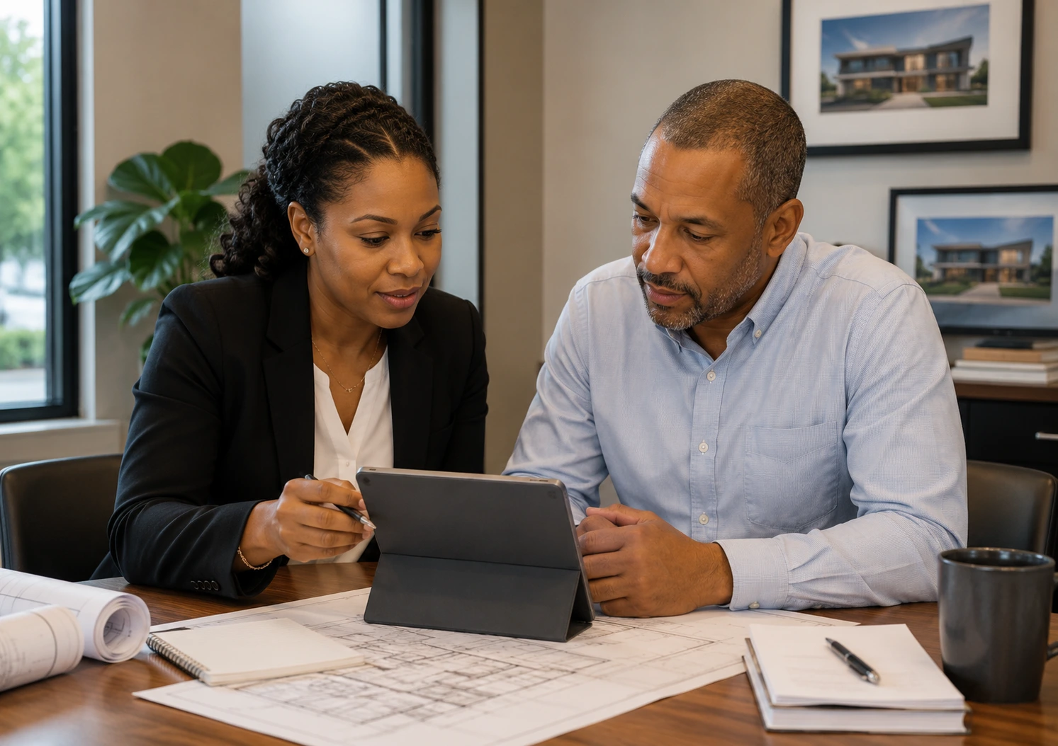 project manager sitting with client at an office while they review a project on a tablet