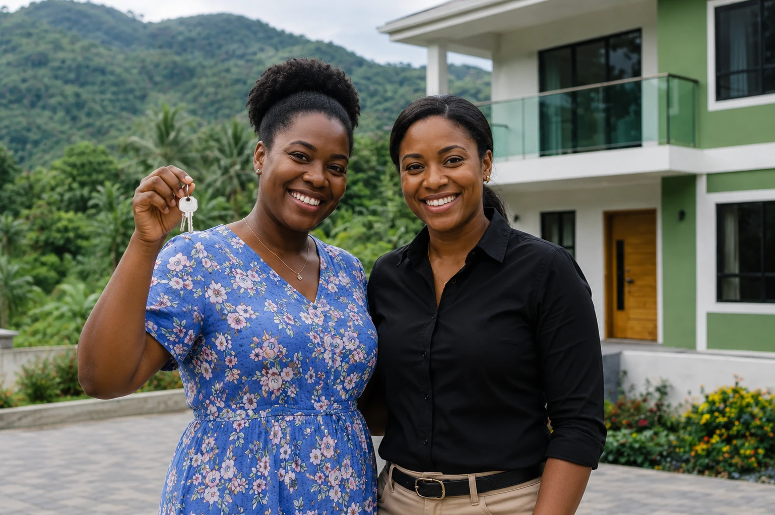 homeowner smiling with project manager in front of newly built home while holding up keys