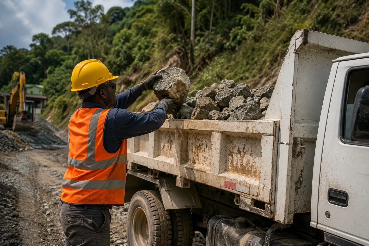 construction worker loading gravel into a truck