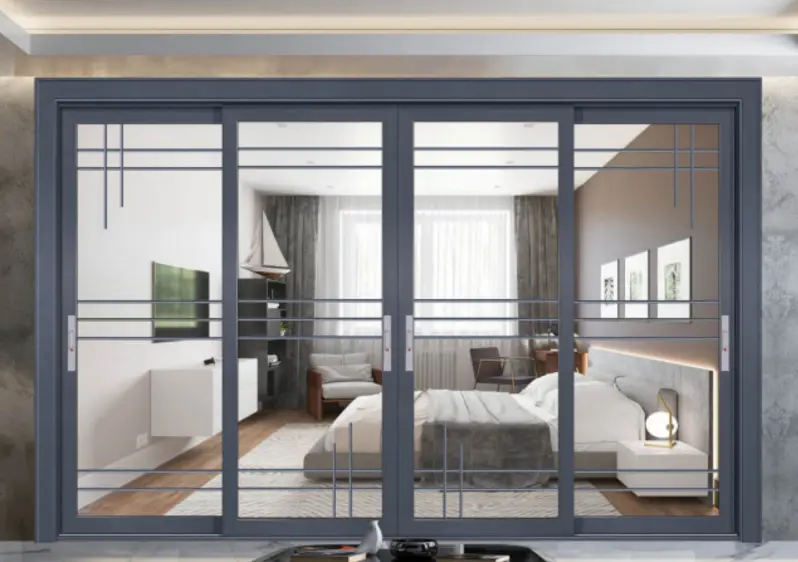 a four panel metal door in a modern home