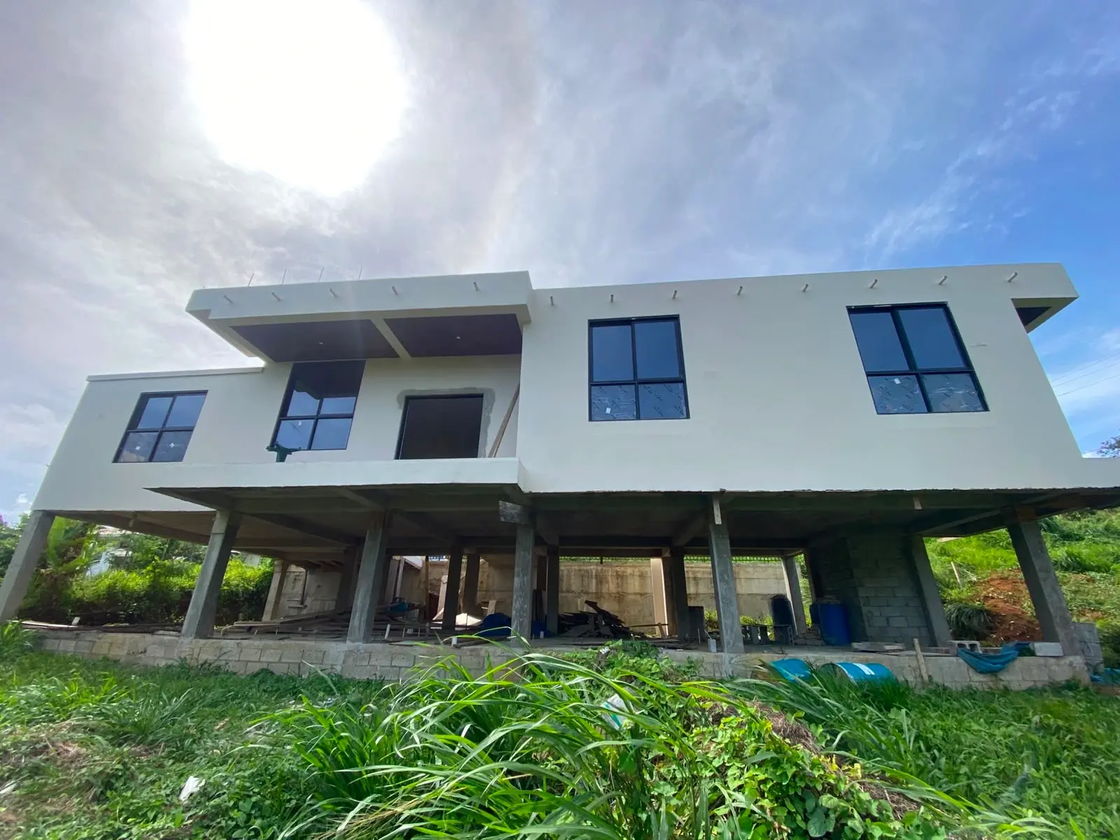 bottom to top view of the back of a modern residential home