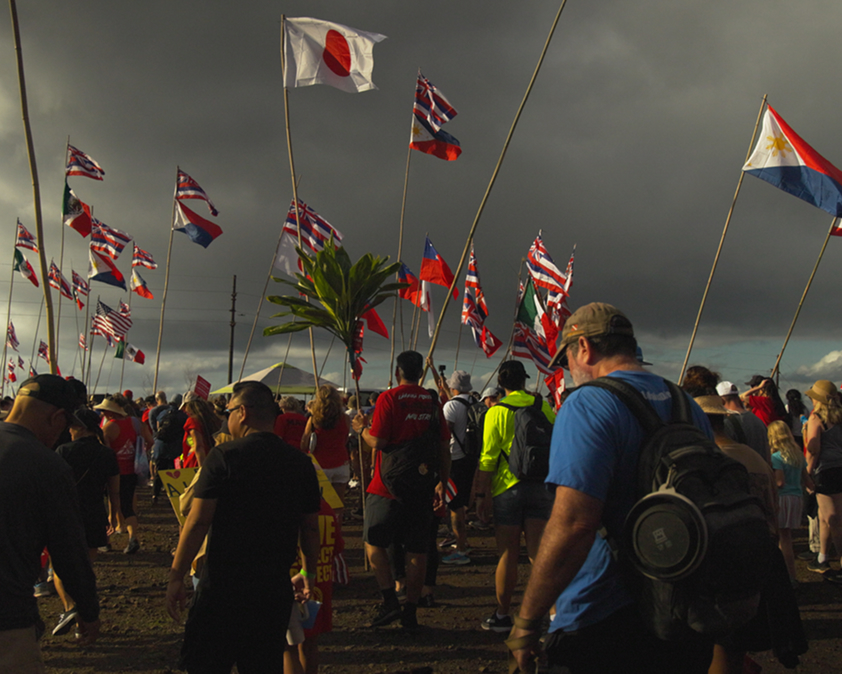 Crowd gathered under a cloudy sky, holding various flags on poles.