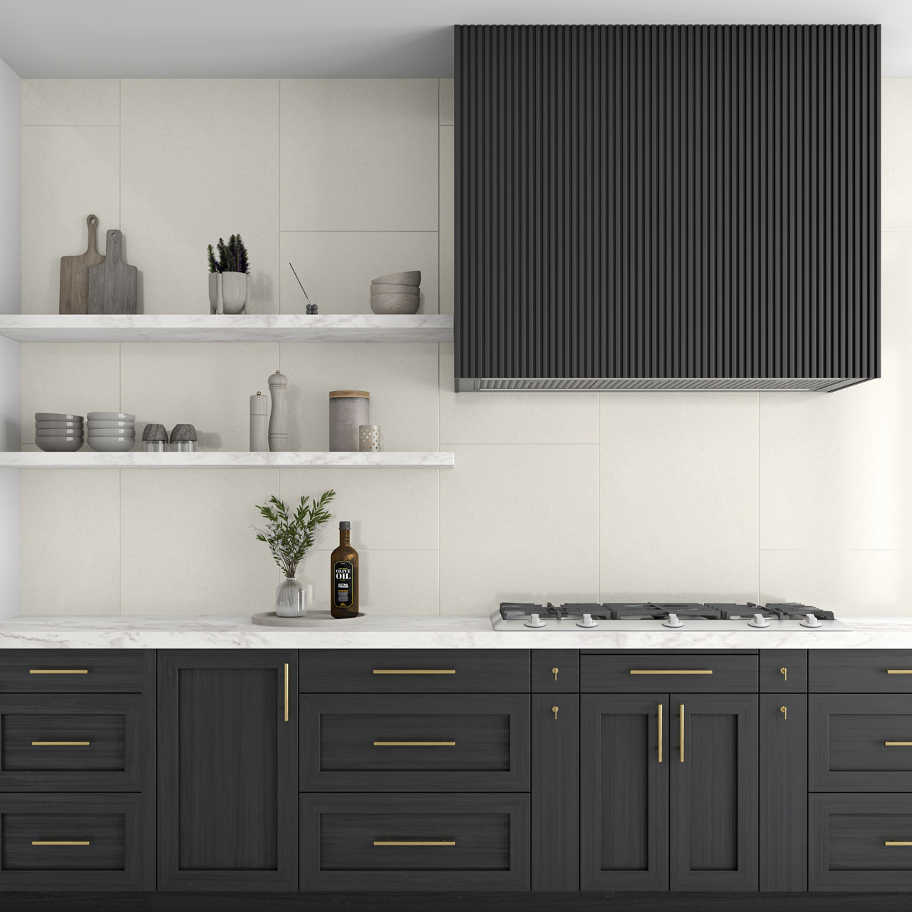 Modern kitchen with dark cabinets, gold handles, white marble countertops, open shelves, and a black range hood.