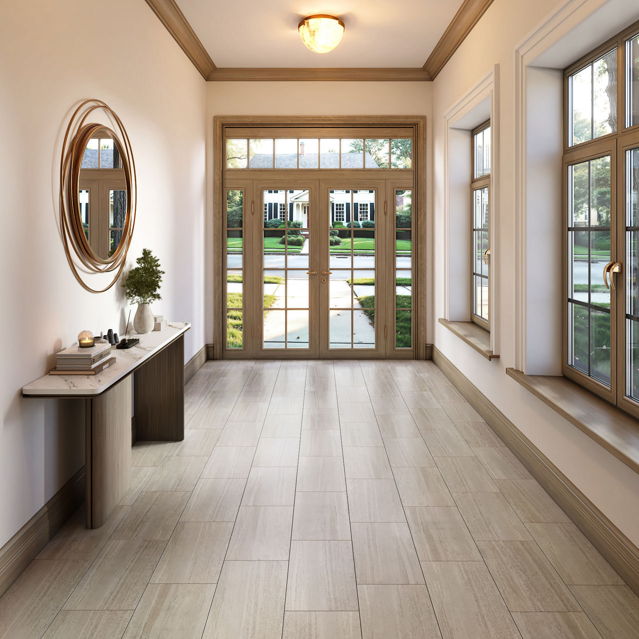 Bright entryway with large glass double doors, side windows, tiled floor, console table, and round mirror.
