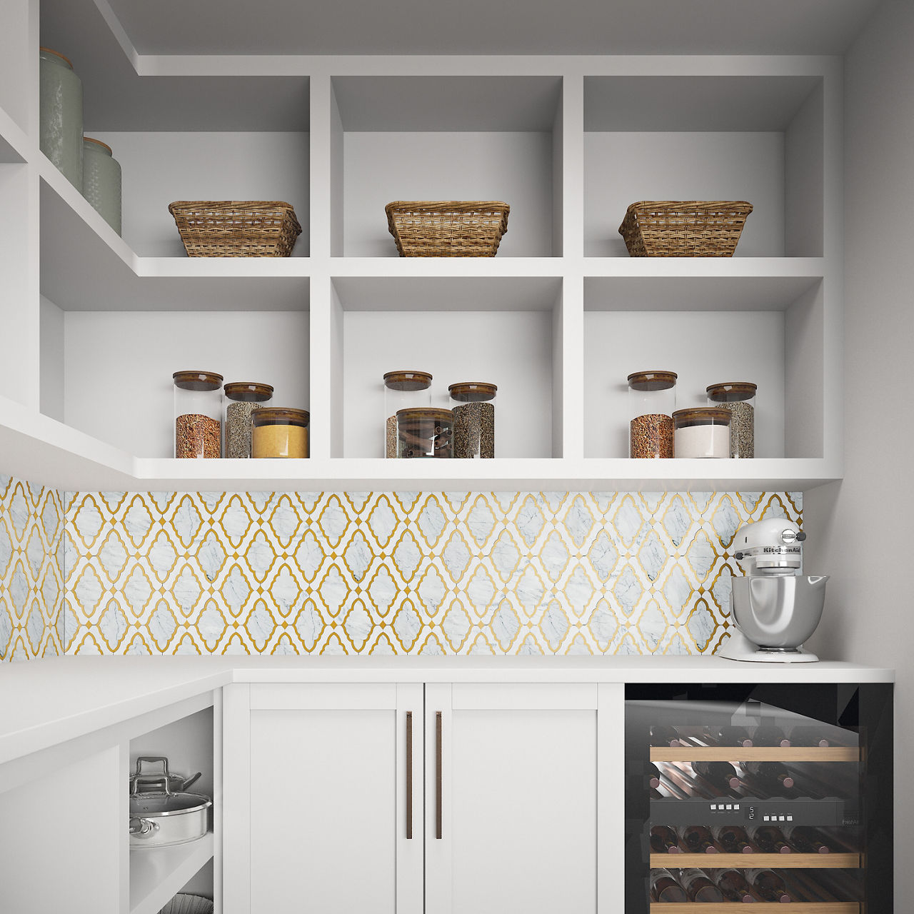 Modern white kitchen corner with open shelves, jars, baskets, a mixer, and a wine fridge.