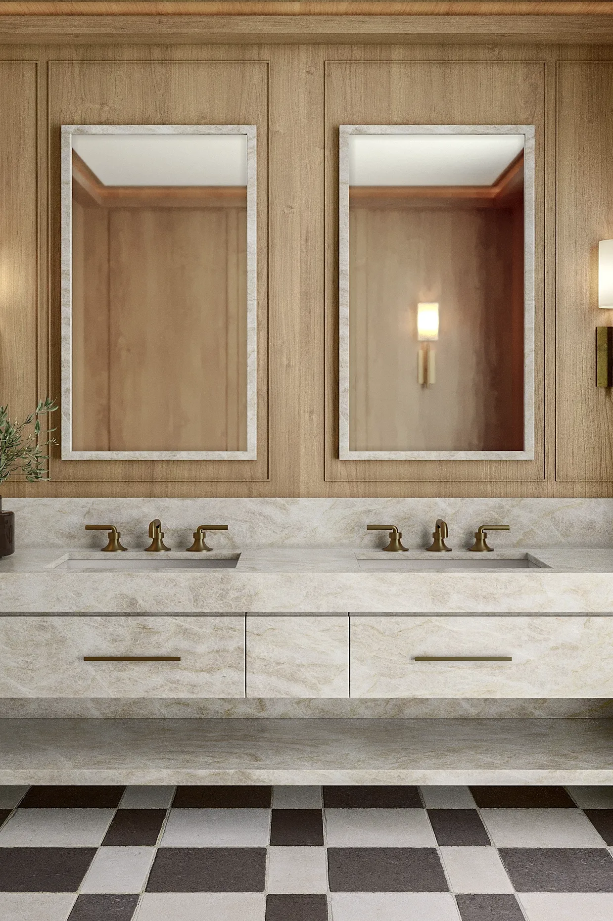Modern double bathroom vanity with marble countertop, gold faucets, wood panel wall, and two rectangular mirrors.