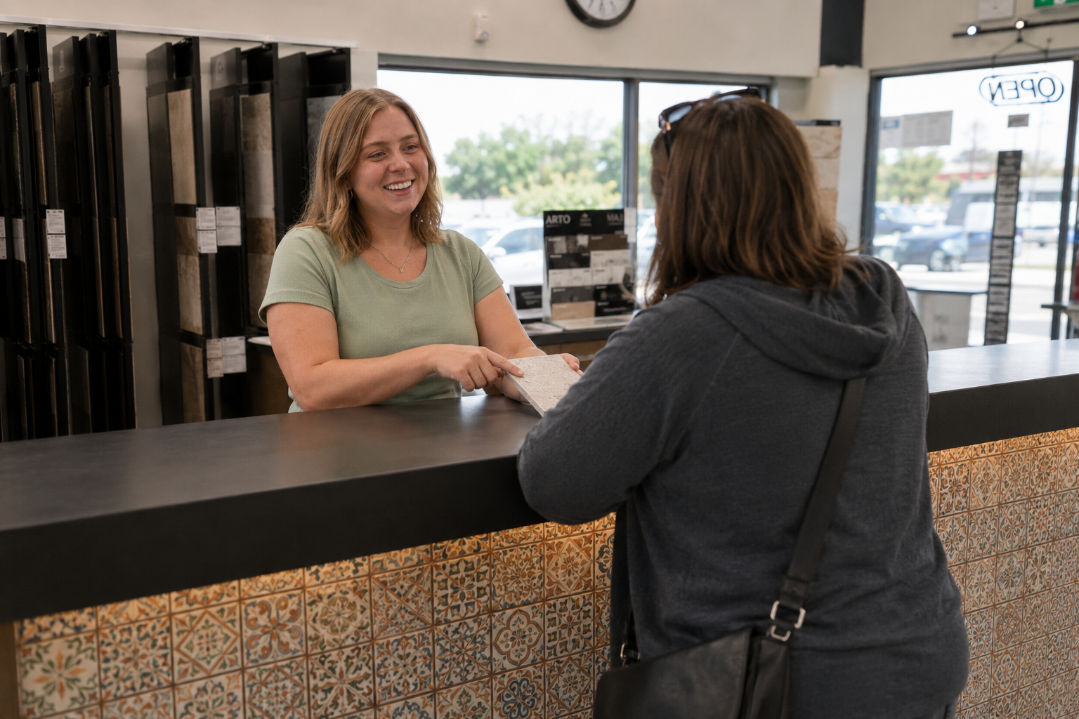 A smiling store employee shows a material sample to a customer across a decorated counter.