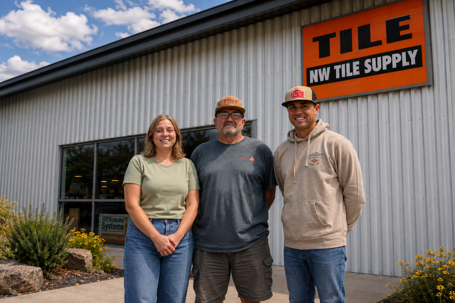 Three people standing outside a building with a sign reading NW Tile Supply on a sunny day.