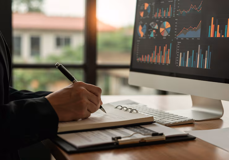 Investor-grade financial model scene with spreadsheet/KPI overlays.