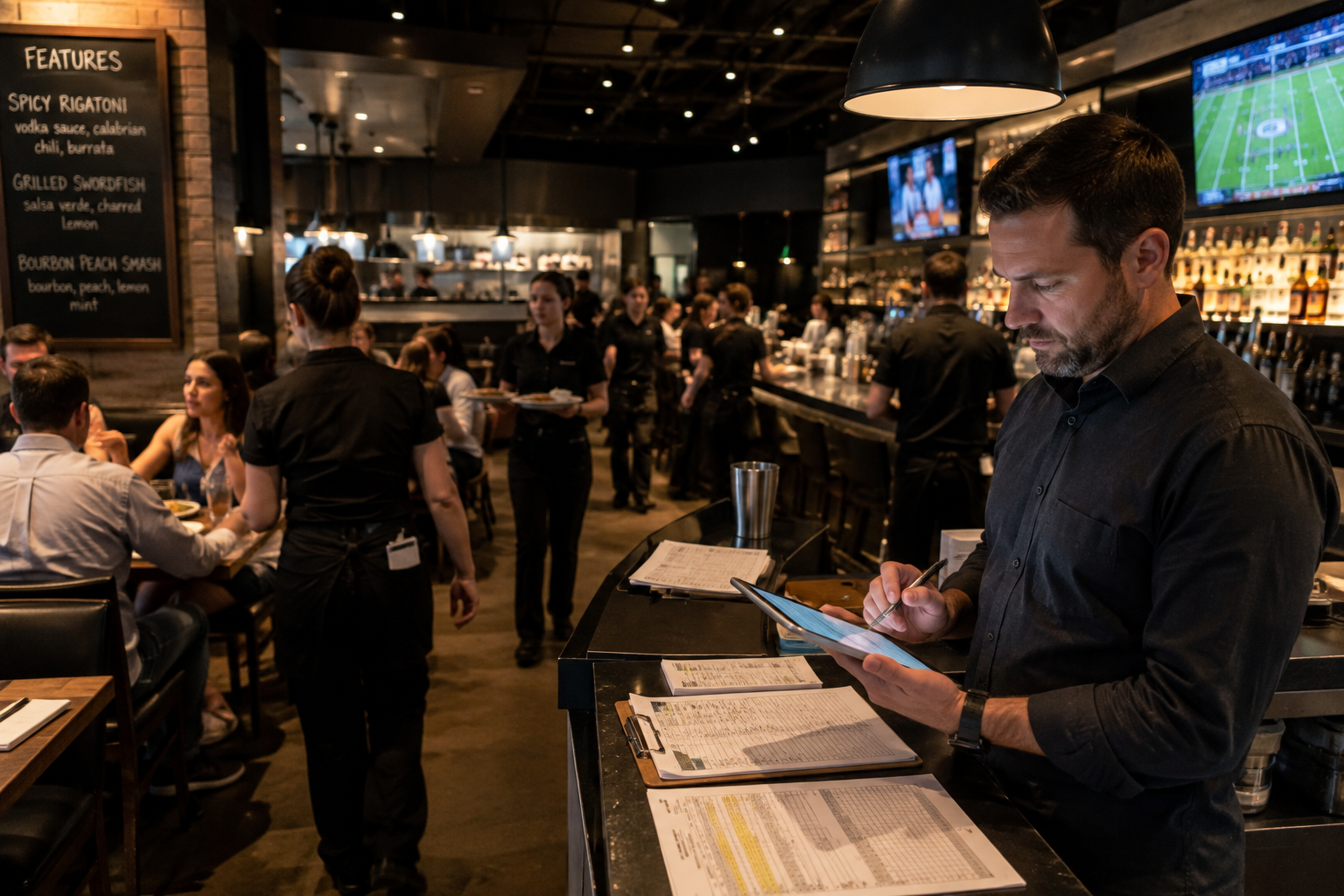 Restaurant manager reviewing staffing and scheduling during a busy restaurant service period.
