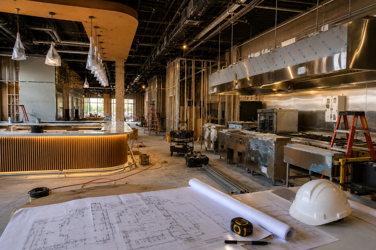 Restaurant build-out in progress with kitchen equipment, construction plans, and unfinished interior.