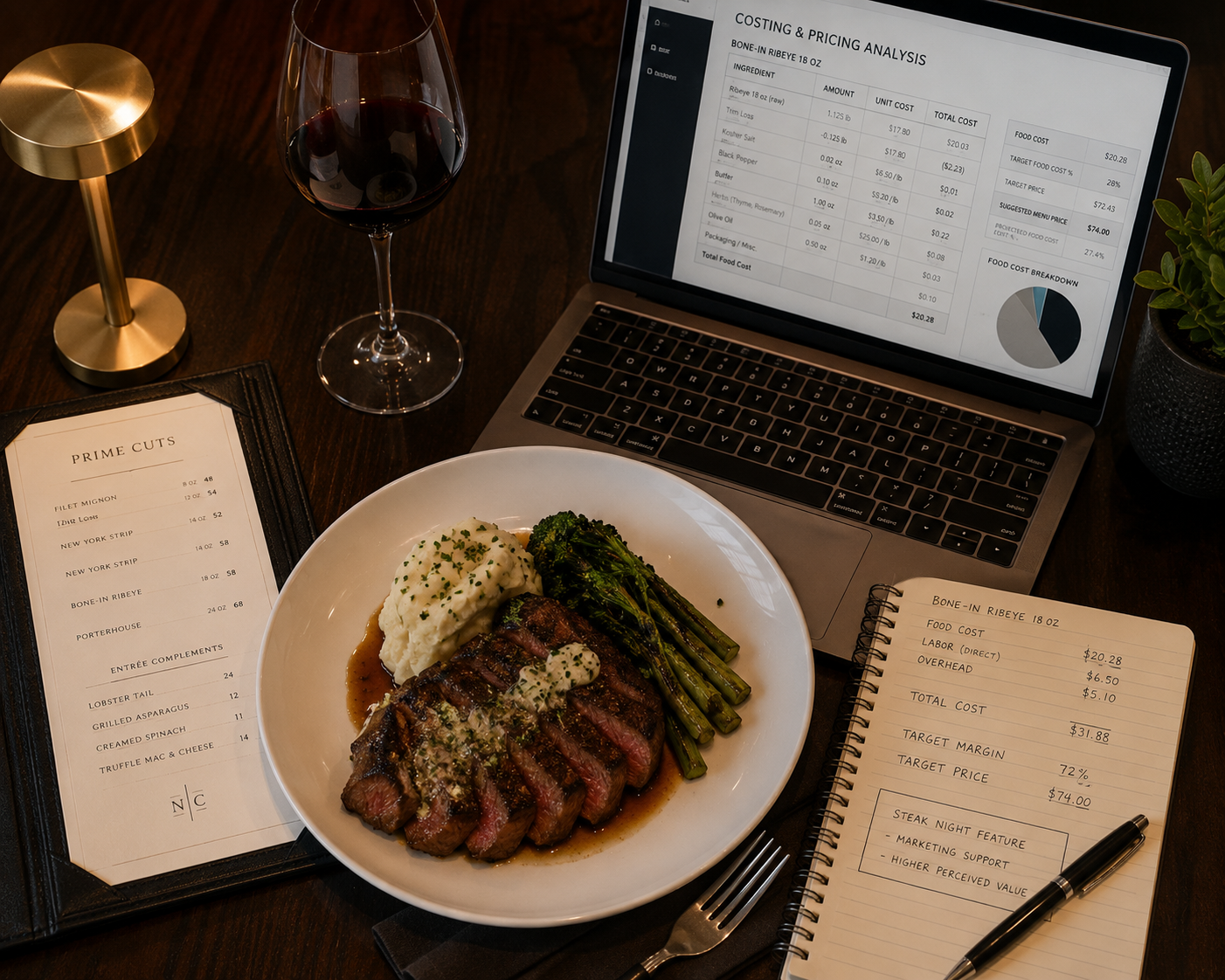 Restaurant menu and plated steak alongside recipe costing and menu pricing analysis.