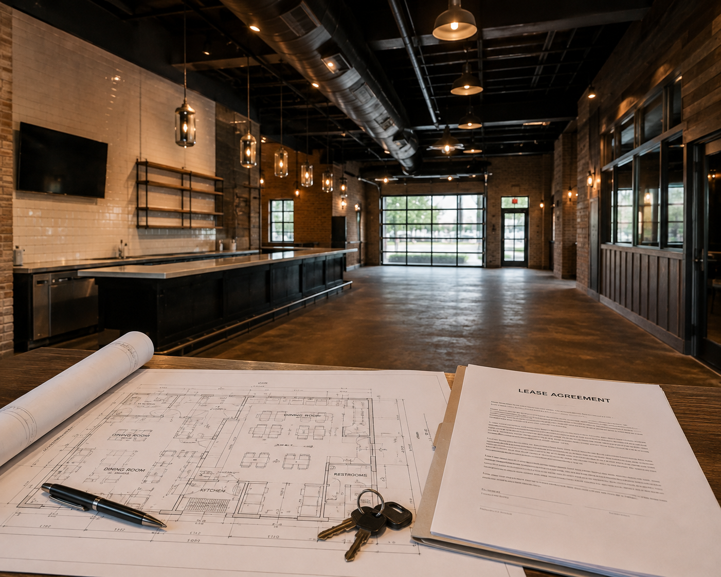 Empty restaurant space with lease documents, architectural plans, and keys during site evaluation.