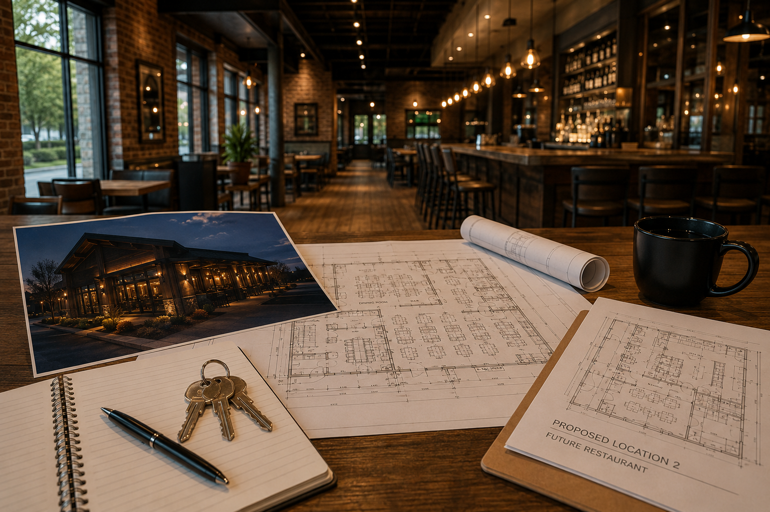 Restaurant expansion planning with floor plans, keys, and materials for a proposed second location.