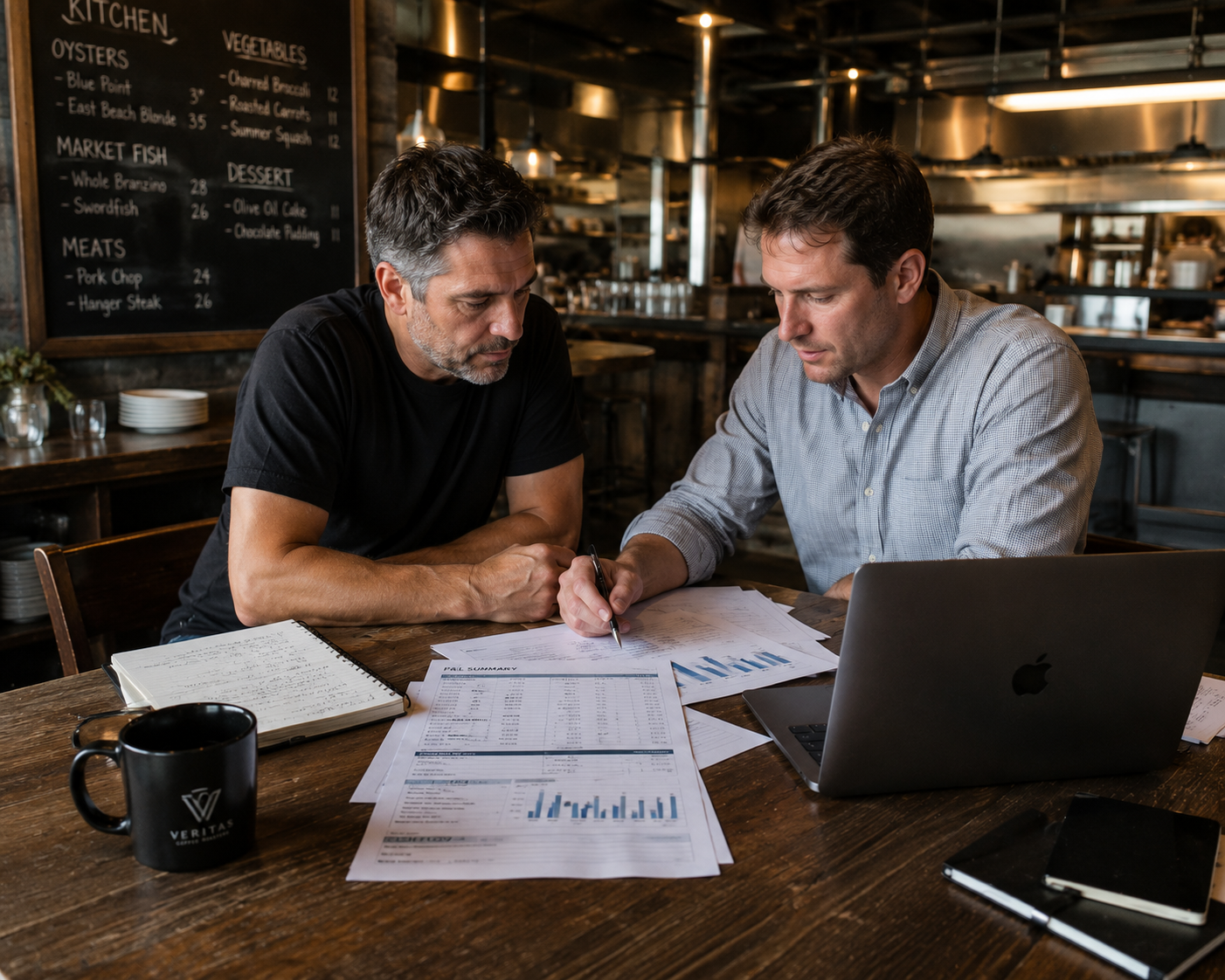 Restaurant owner and hospitality advisor reviewing financial and operating performance together.