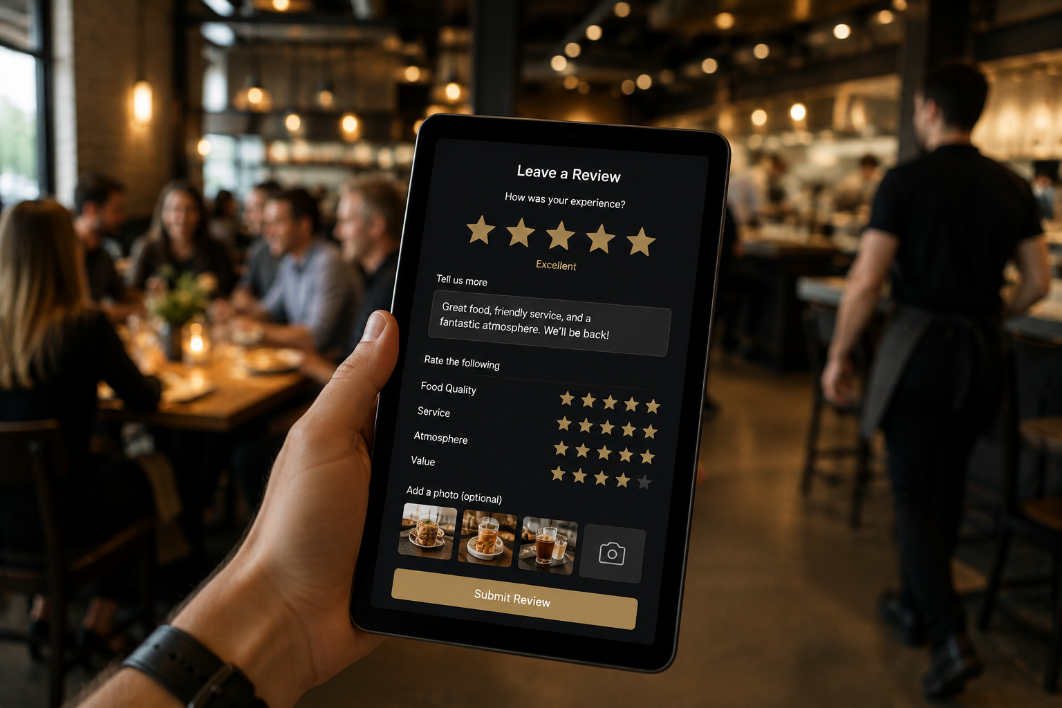 Guest review form displayed on a tablet with active restaurant service in the background.