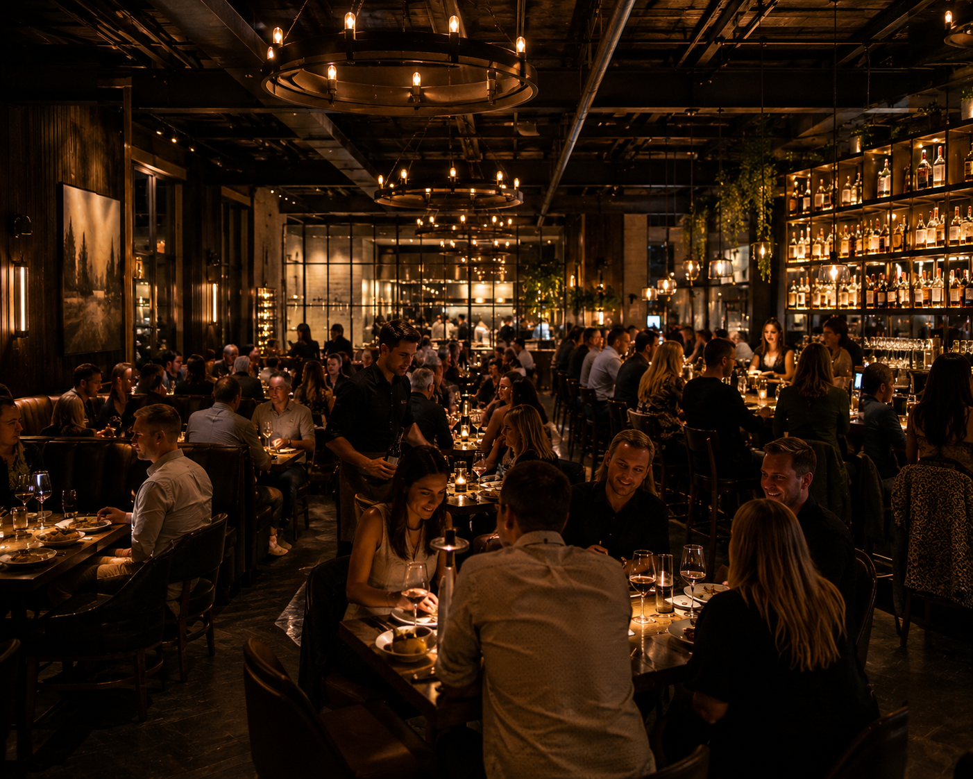 Warm, full-service restaurant dining room showing lighting, seating, bar energy, and guest atmosphere.
