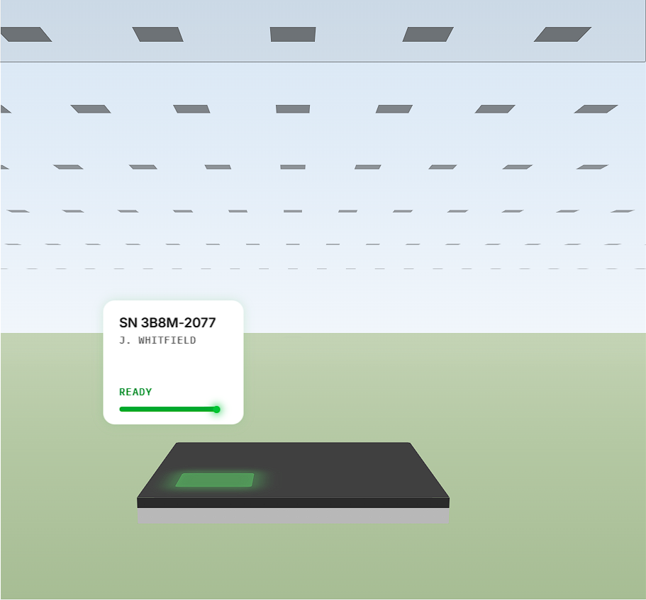 Digital interface screen inside a virtual environment showing device status with serial number SN 3B8M-2077, user name J. Whitfield, and a green READY status bar above a rectangular black and gray device with a glowing green indicator on a green and blue gradient background.