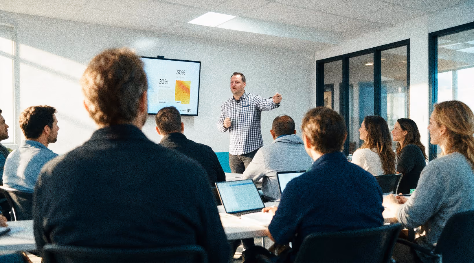 A presenter leading a hands-on AI workshop for a team on laptops