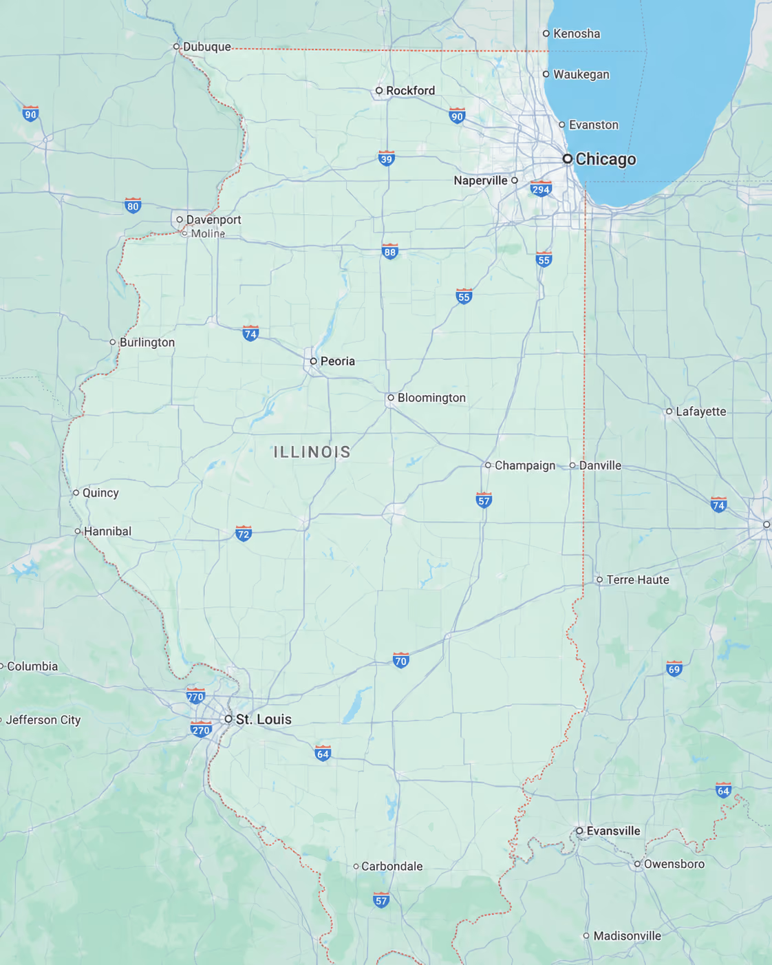 Map showing Illinois with cities like Chicago, St. Louis, Peoria, and highways I-90, I-55, I-70 marked.