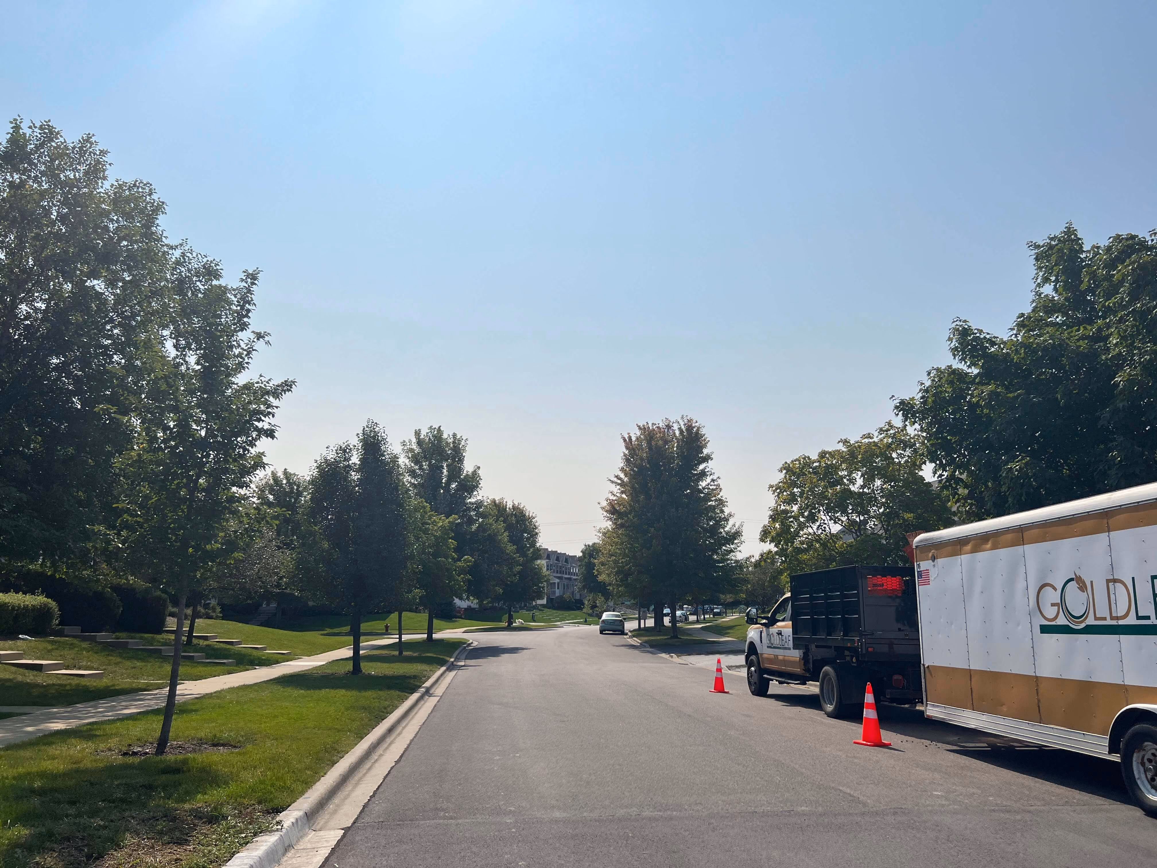 Residential street with green trees and a Goldleaf landscaping truck parked beside orange traffic cones.