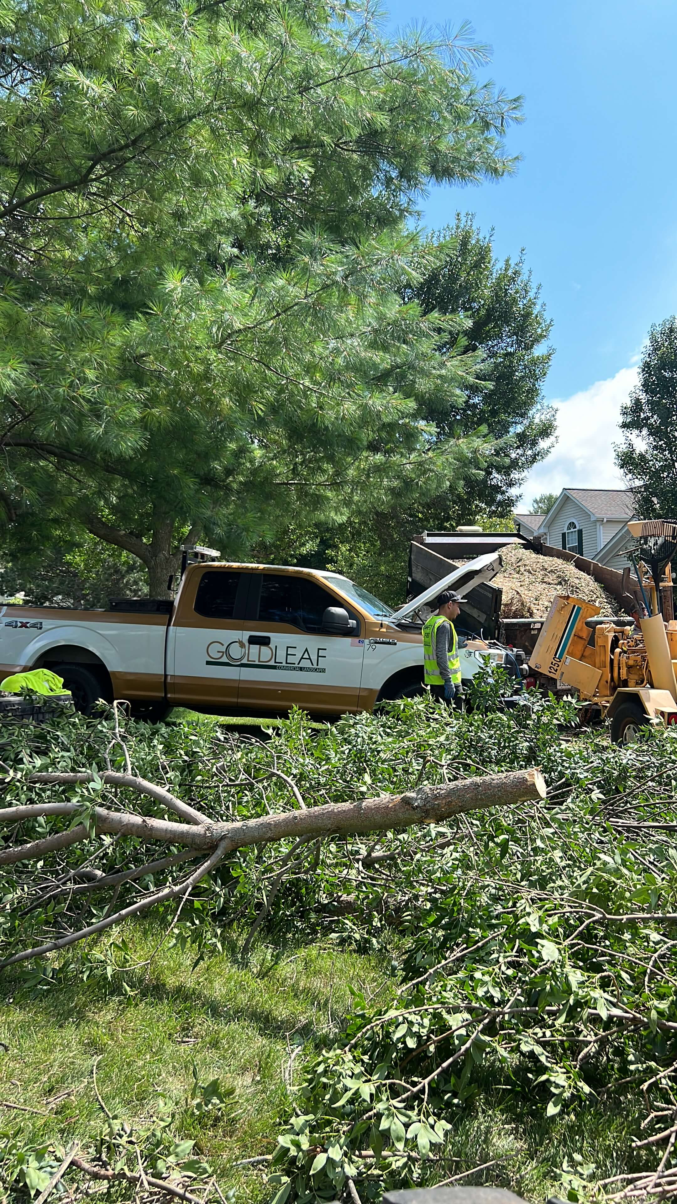 Backyard landscaping work in progress by a beige two-story house under a clear blue sky.