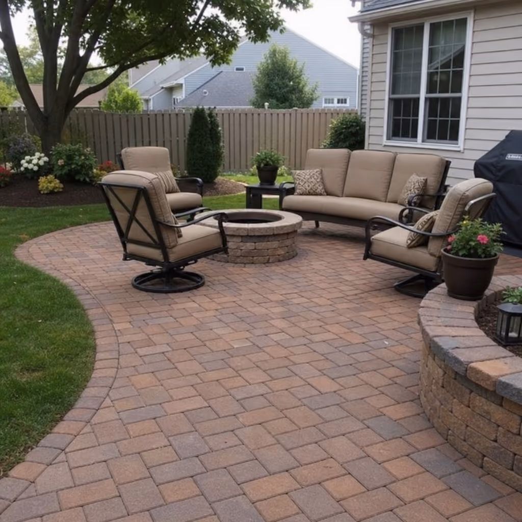 Outdoor patio featuring a circular stone fire pit filled with black stones, surrounded by a curved gray sofa with blue patterned cushions, a large planter with green plants, and trees in the background under a partly cloudy sky.