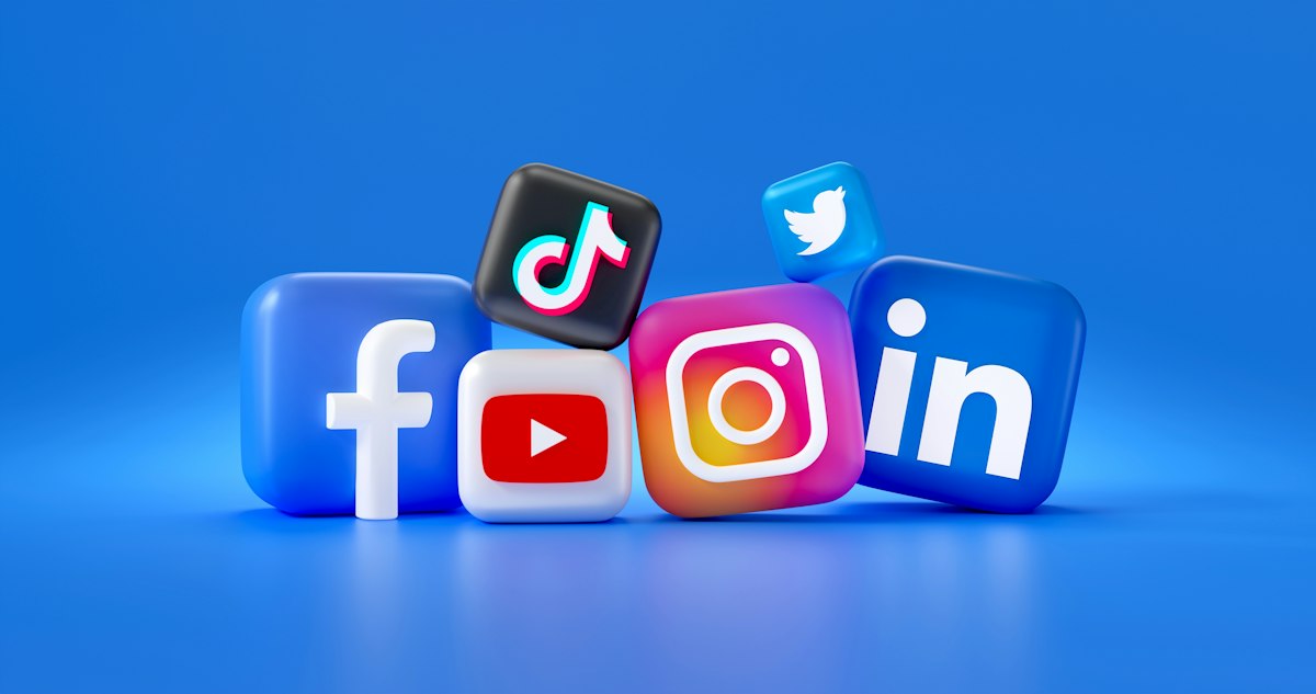 Grid of social media platform logos including Facebook, Instagram, TikTok, YouTube, and LinkedIn