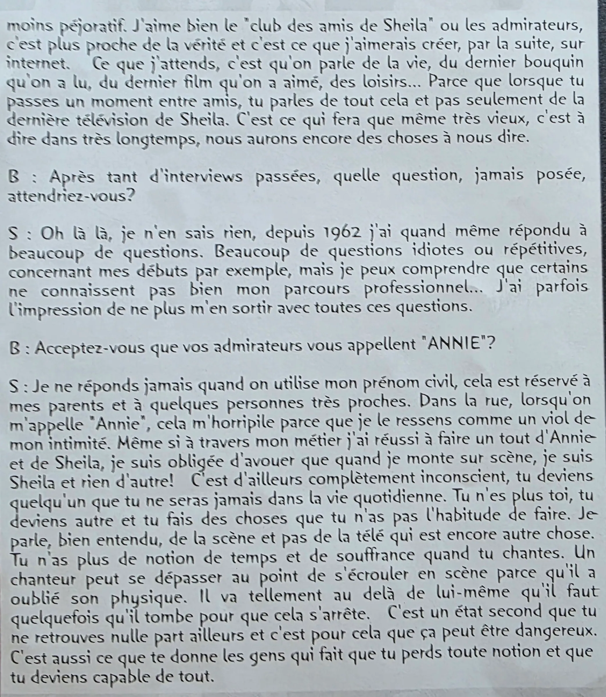 Sheila : « Annie » ou Sheila, la scène et l'état second