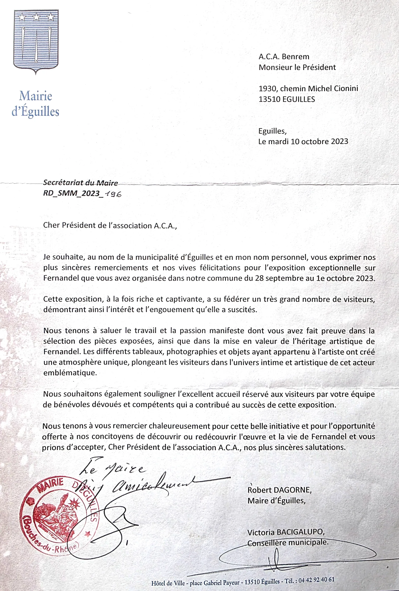 La mairie d'Éguilles remercie l'ACA BenRem pour l'exposition Fernandel