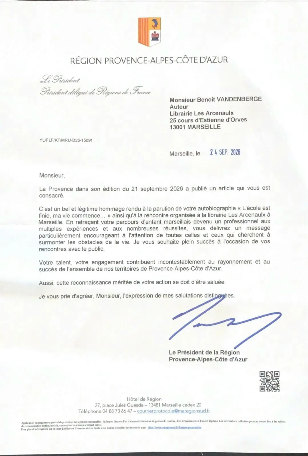 Lettre de félicitations du Président de la Région Provence-Alpes-Côte d'Azur