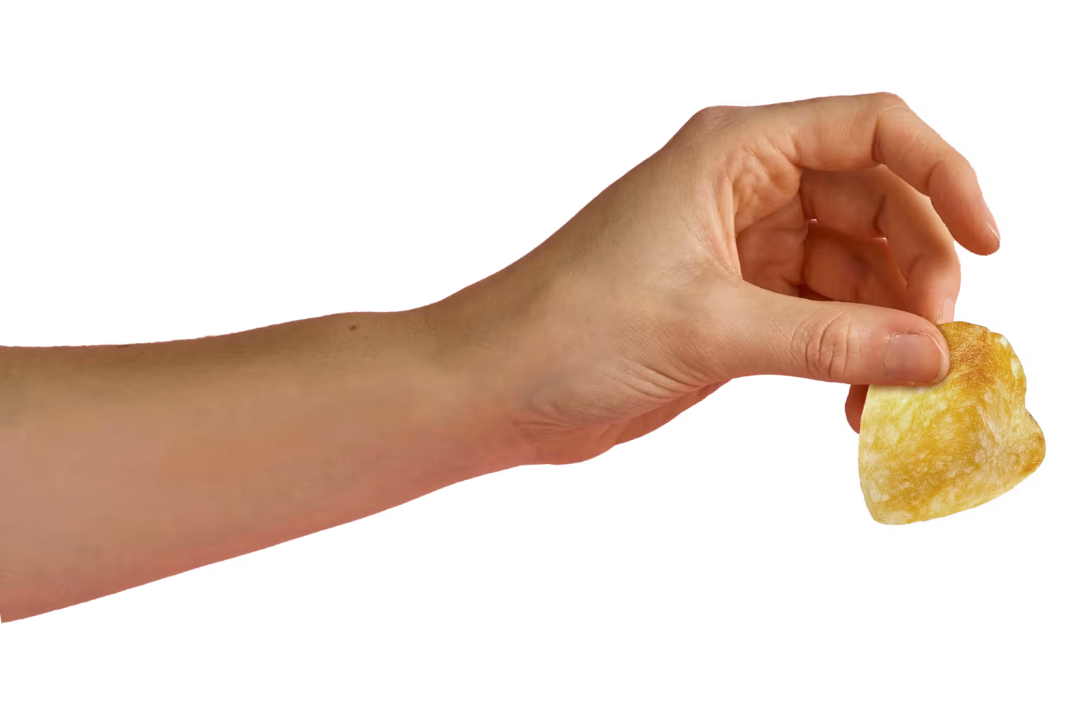 Hand holding a single SNAXX baked potato chip close-up.