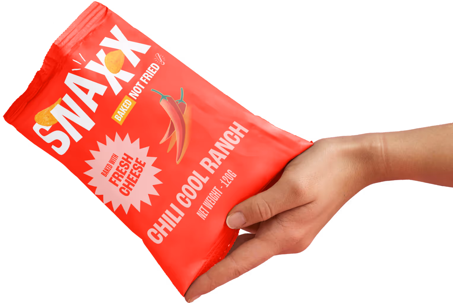 Hand holding a SNAXX baked chips bag against a clean background.