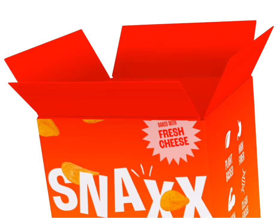Open SNAXX branded box showing baked chips packaging inside.