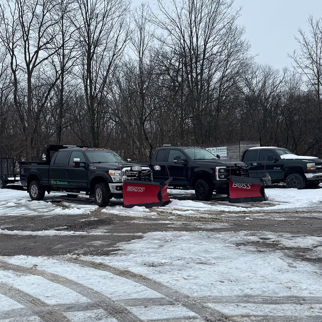 A fleet of trucks with snow plows in season landscaping