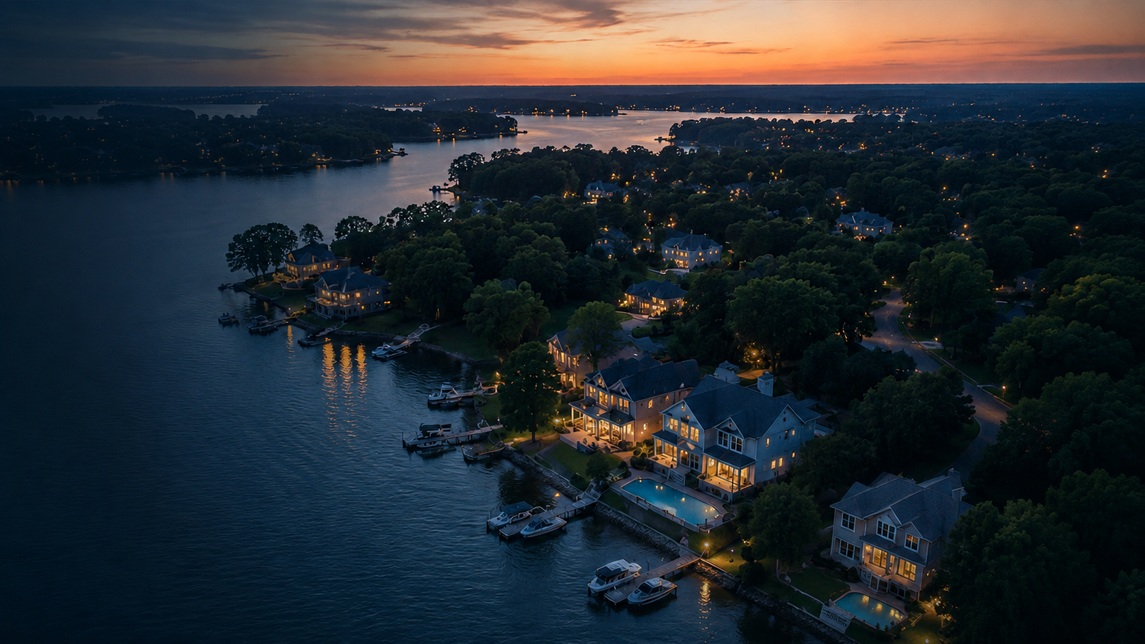 Aerial view of homes along Lake Wylie at sunset