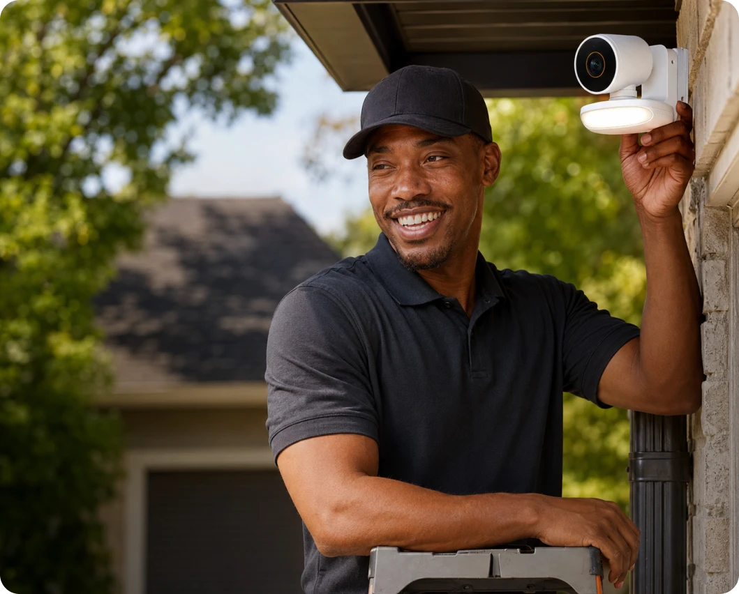 Technician installing security equipment