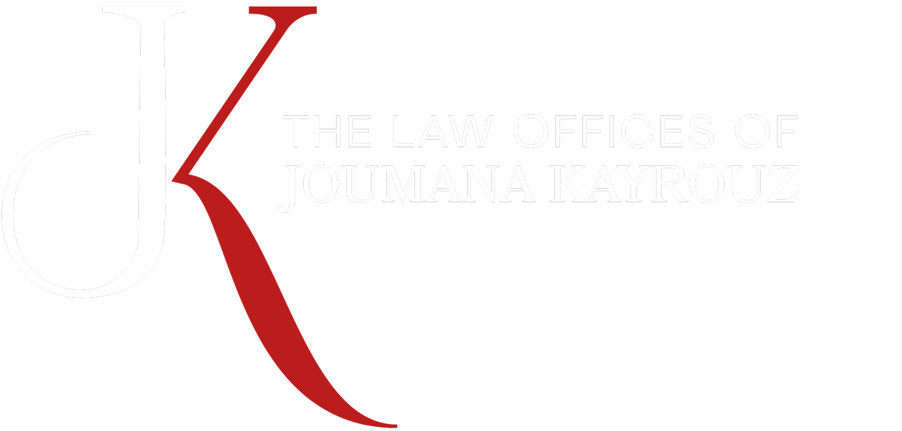 Logo for The Law Offices of Joumana Kayrouz featuring a large stylized 'JK' with 'J' in white and 'K' in red, accompanied by the office name in white text on a black background.