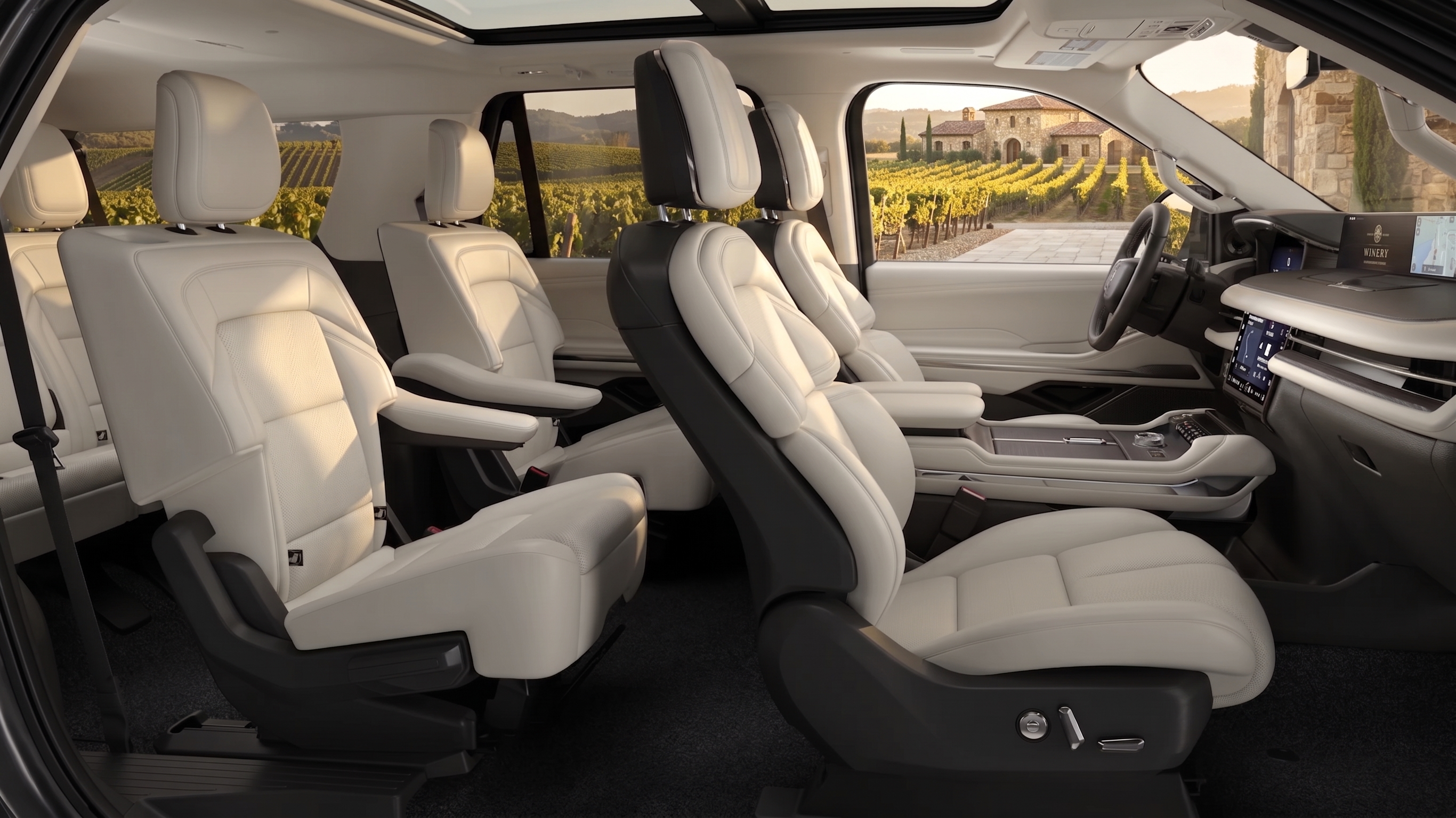 Lincoln Navigator interior with cream leather captain's chairs overlooking a Napa Valley vineyard