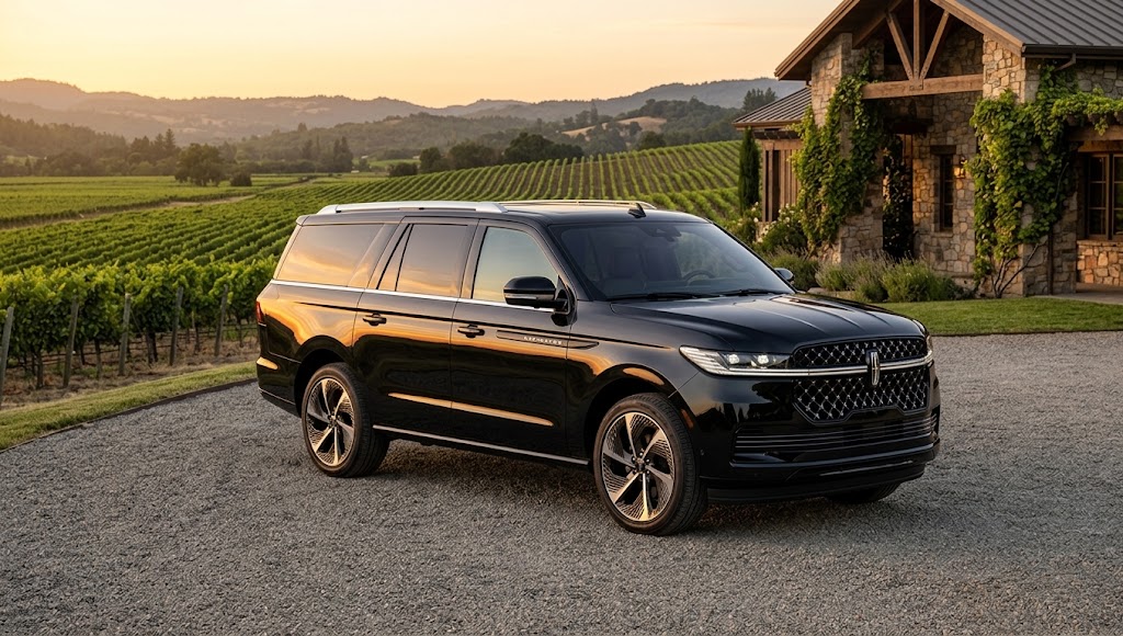Black Lincoln Navigator at a Napa Valley winery at sunset