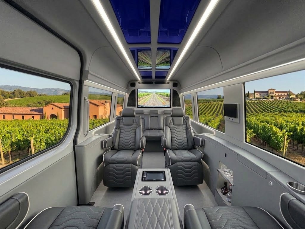 Jet Sprinter cabin with leather captain's chairs overlooking a Napa Valley vineyard