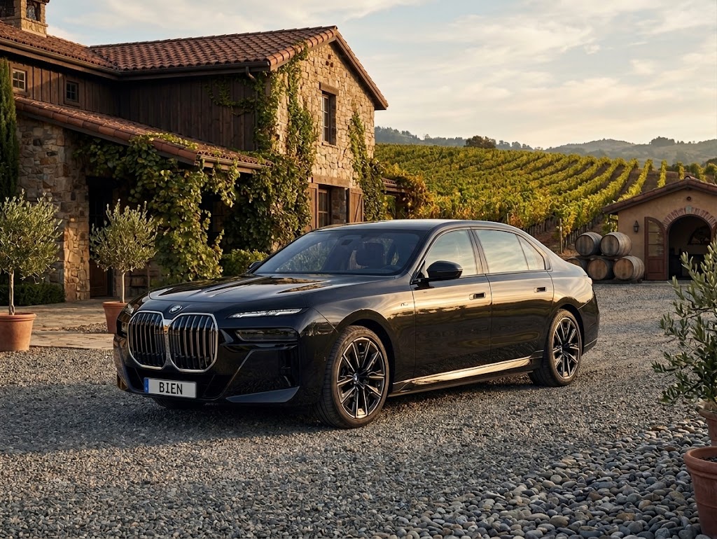 Black BMW 7 Series executive sedan at a wine country estate