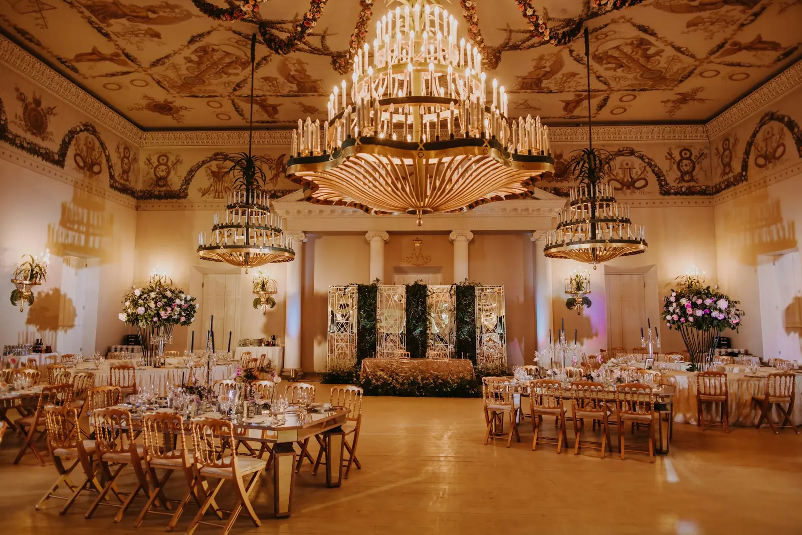 Elegant banquet hall set for an event