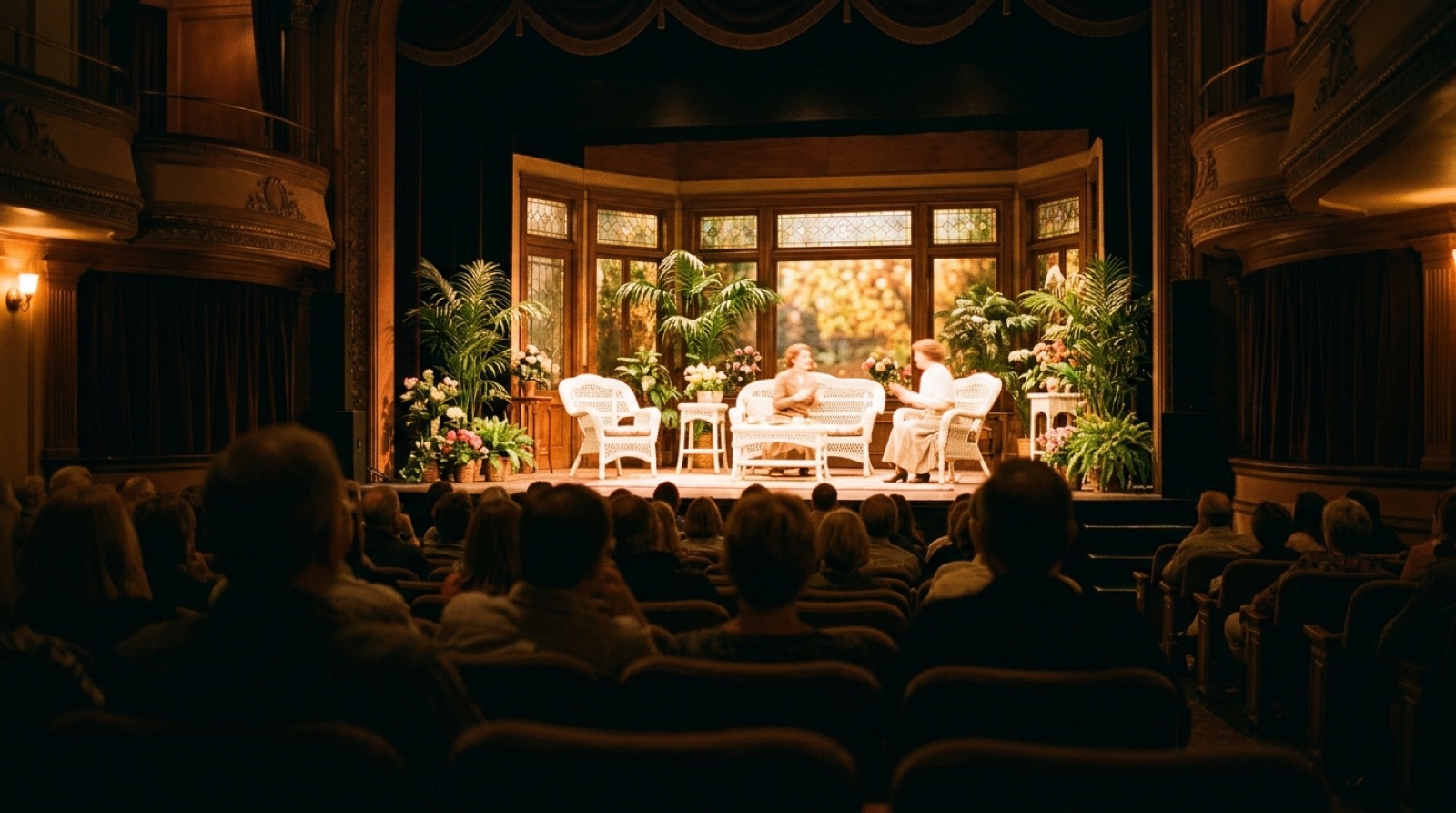 Stage play performance in a classic sunroom set at an intimate theater, Sonoma County